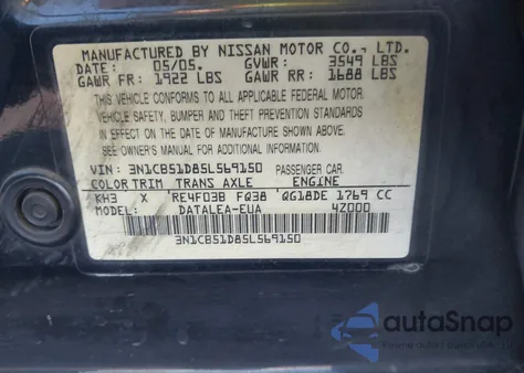 2005 Nissan Sentra 1.8S z USA, uszkodzony, nr VIN 3N1CB51D85L569150